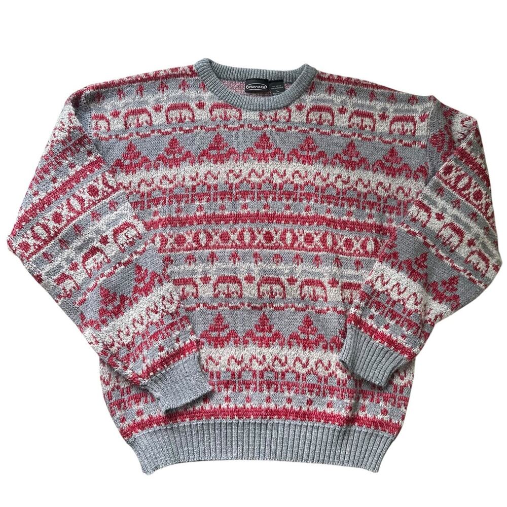 Vintage Fair Isle Nordic Sweater L Gray Red Cozy Winter Pullover 90s Grandpacore